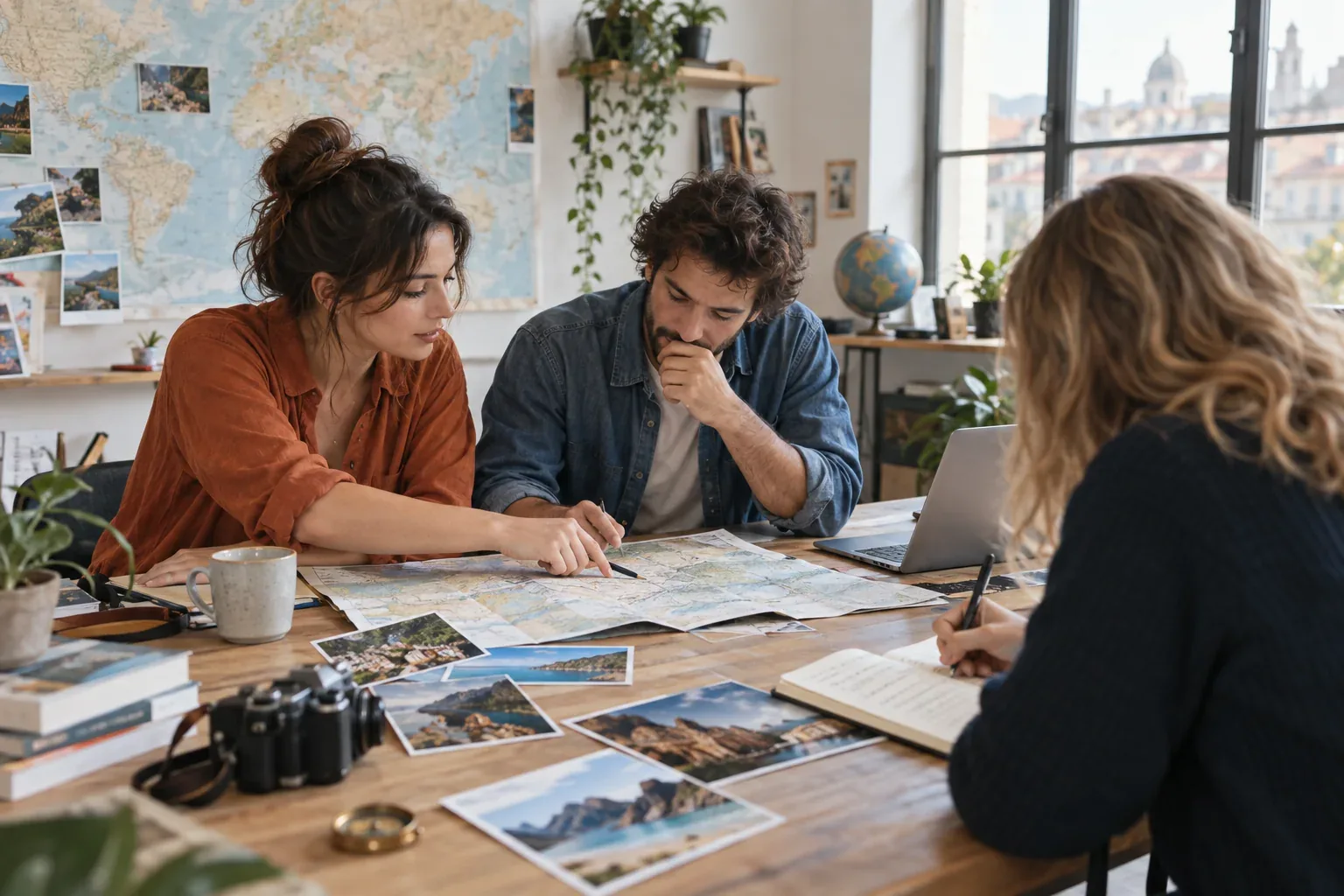 Équipe éditoriale préparant un guide avec cartes, carnet et photographies de voyage
