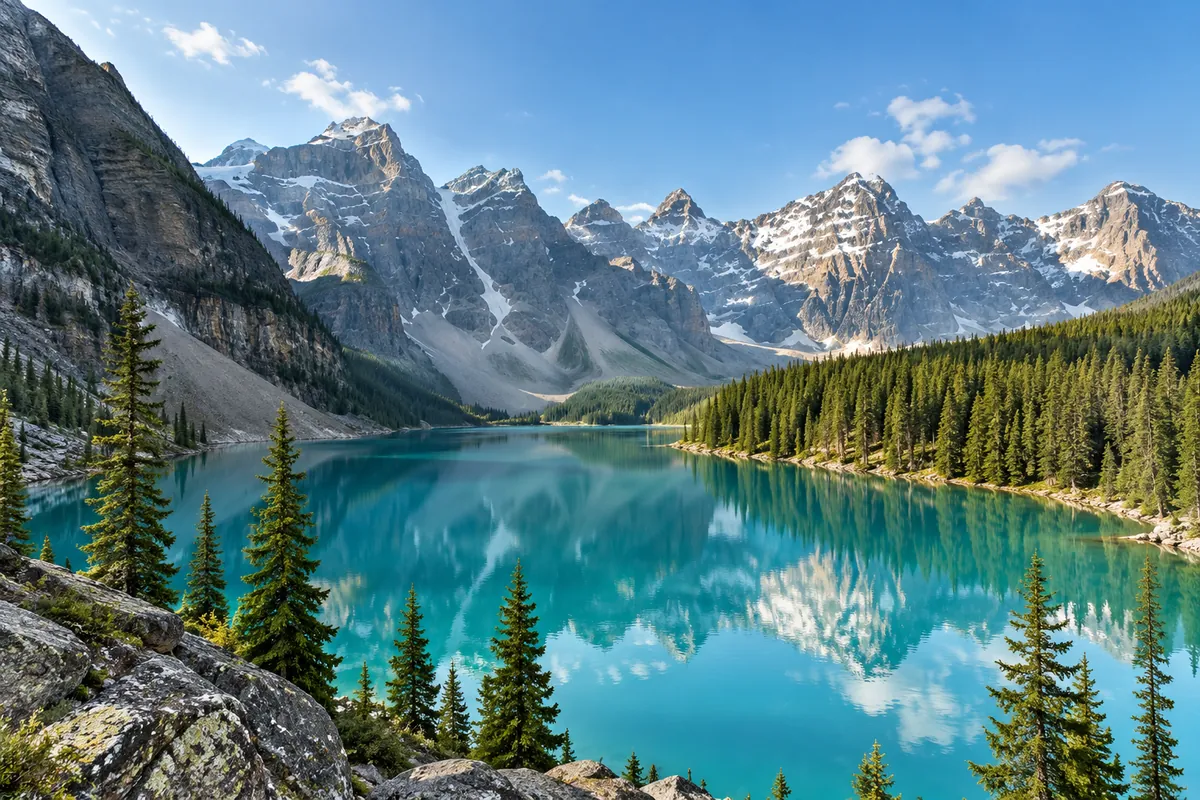 Illustration IA d’un lac turquoise dans les Rocheuses canadiennes