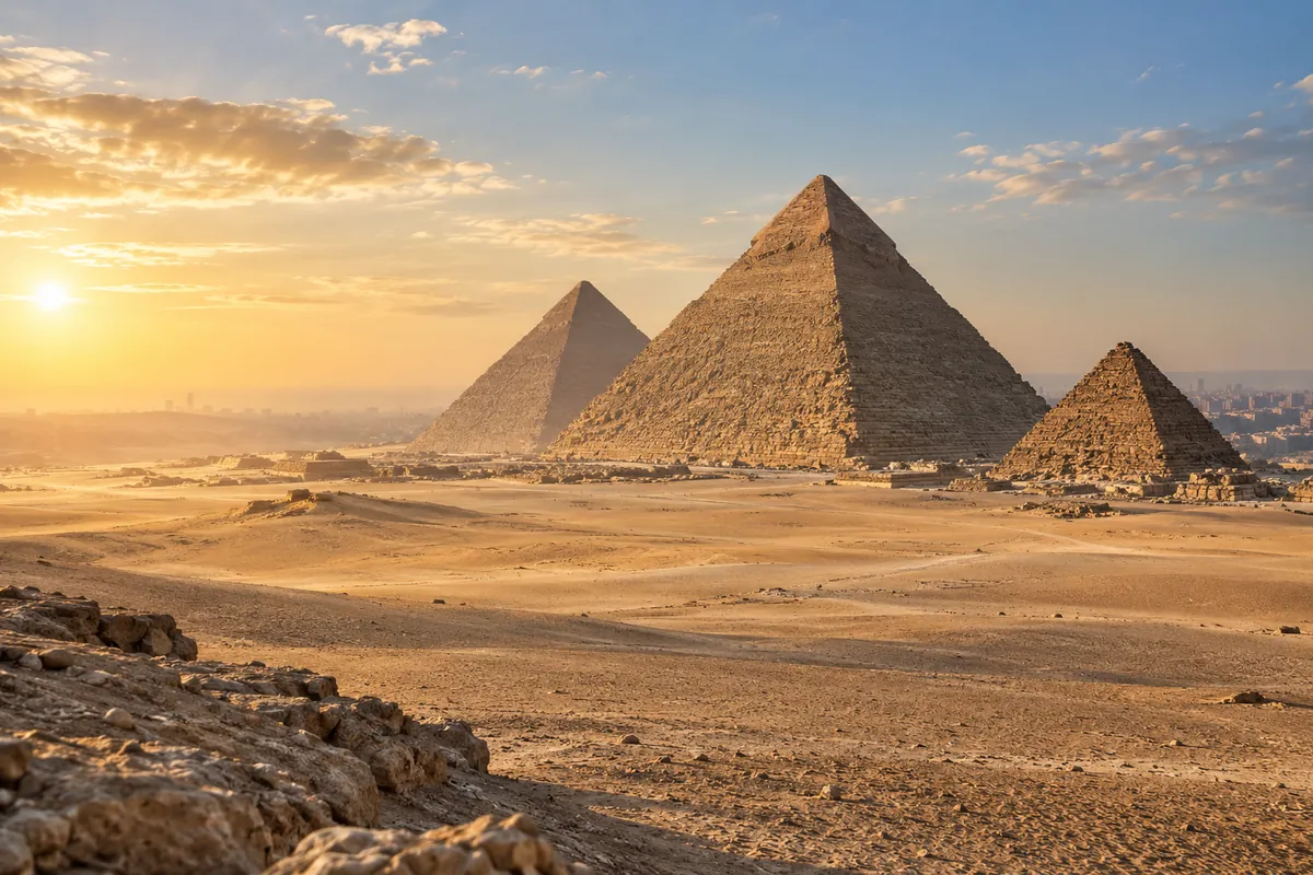Illustration IA des pyramides de Gizeh et du plateau désertique