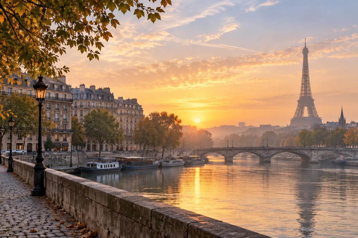 Illustration IA de Paris, de la Seine et de la tour Eiffel à l’aube