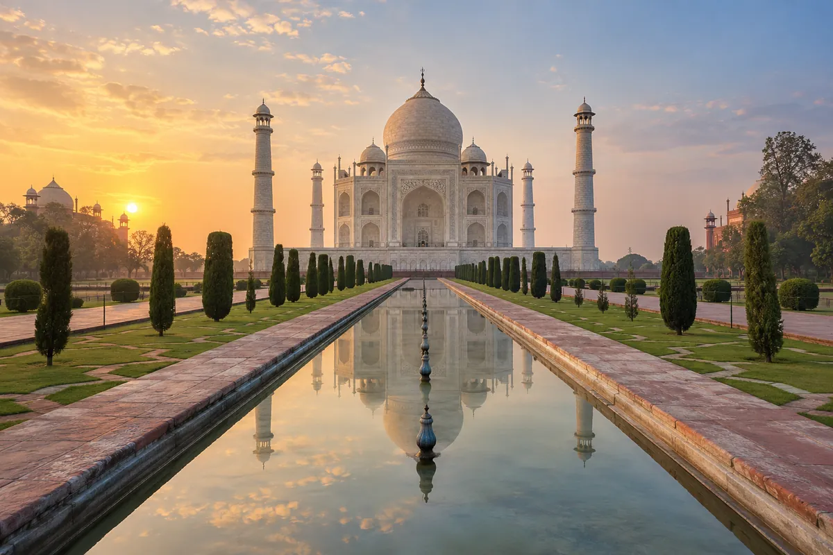 Illustration IA du Taj Mahal et de son bassin à Agra