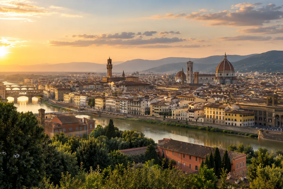 Illustration IA de Florence, du fleuve Arno et du dôme de la cathédrale