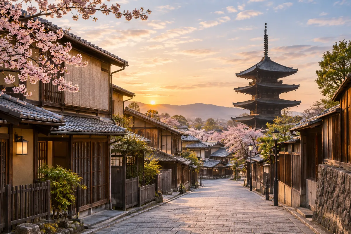 Illustration IA d’une rue traditionnelle de Kyoto et d’une pagode