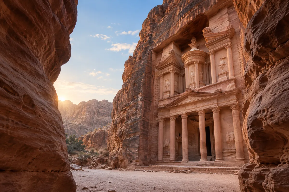 Illustration IA d’une façade nabatéenne taillée dans la roche à Pétra