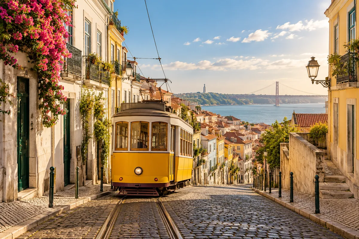 Illustration IA d’un tramway jaune dans une rue de Lisbonne