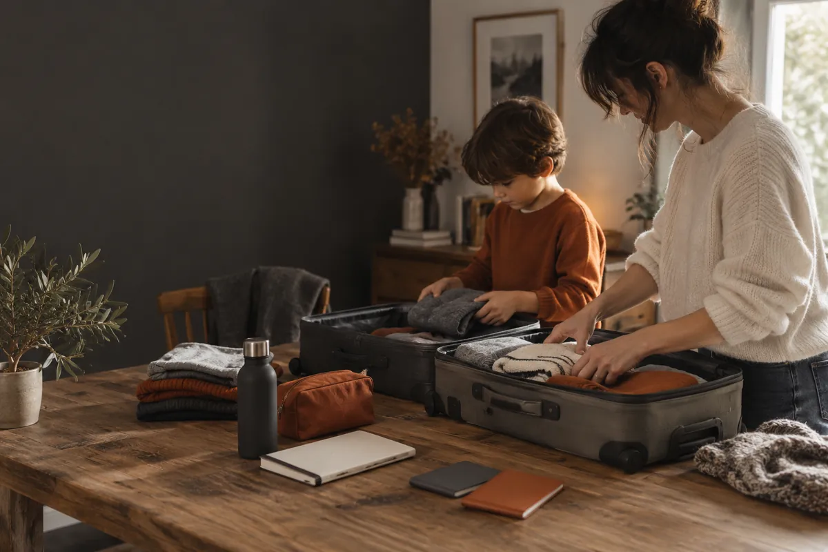 Illustration générée par IA : un parent et un enfant préparent leurs valises