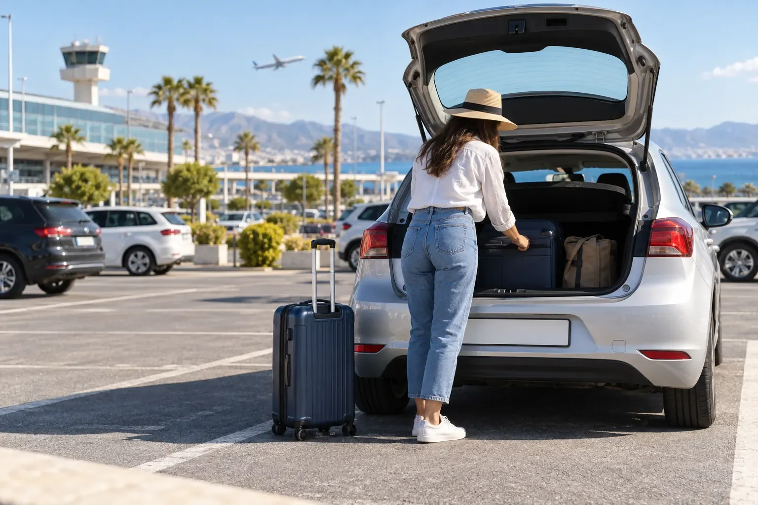 Voyageurs récupérant une voiture de location à l’aéroport