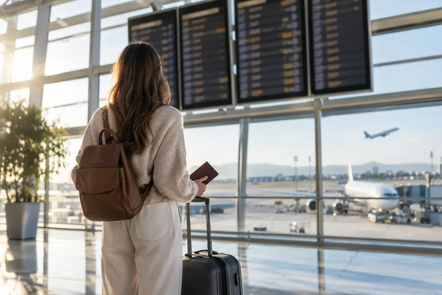 Voyageuse avec sa valise devant les pistes d’un aéroport