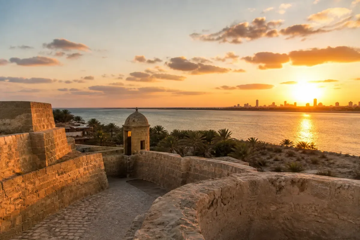 Fort de Bahreïn face au golfe au soleil couchant