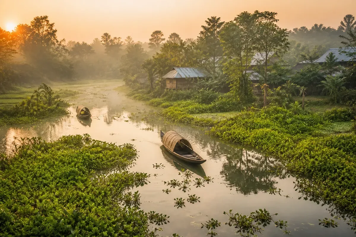 Barques dans les zones humides verdoyantes de Sylhet