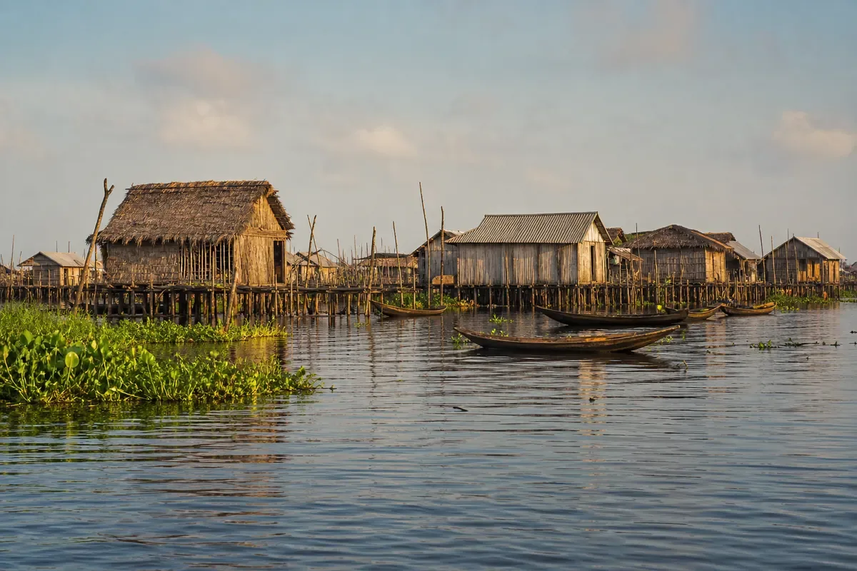 Village lacustre de Ganvié et pirogues sur le lac Nokoué