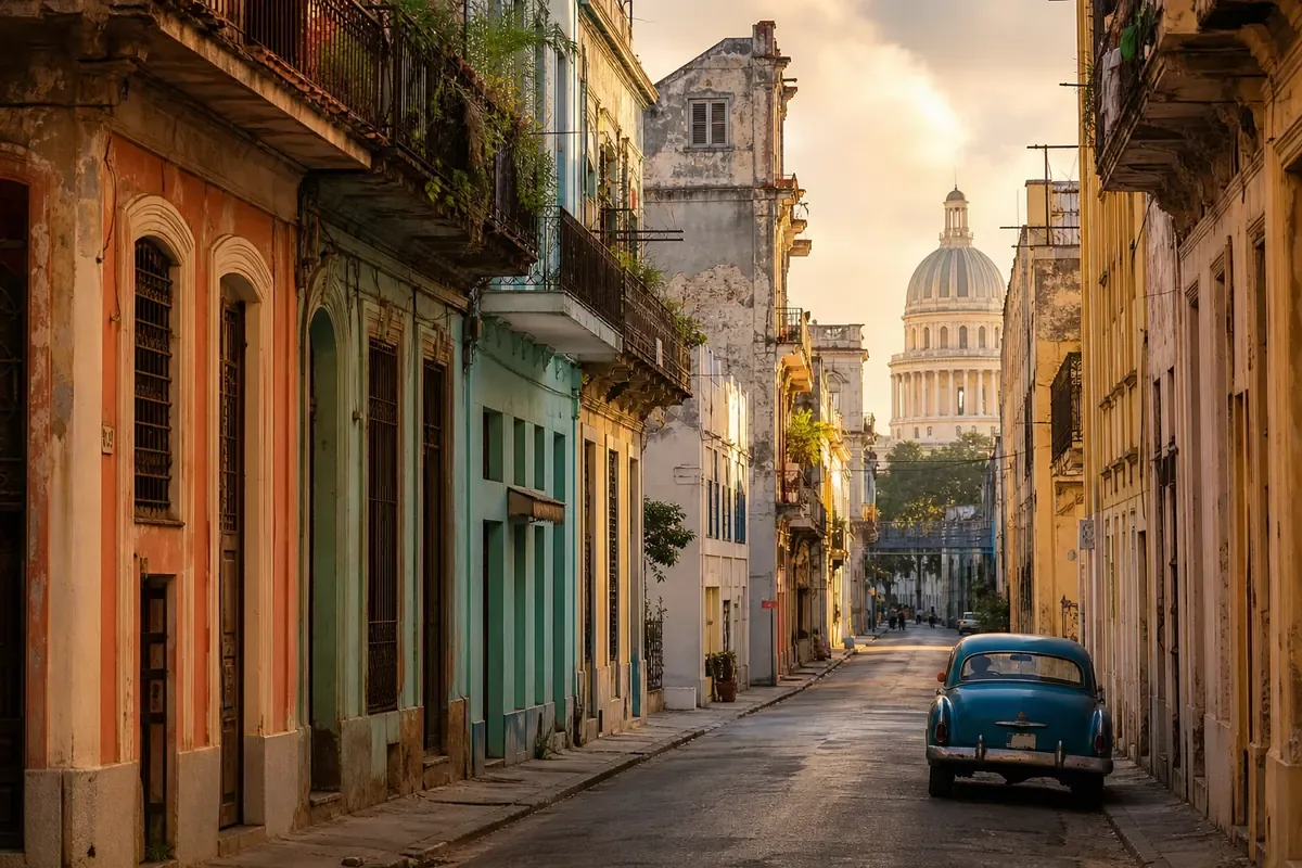 Rue colorée de La Havane avec façades historiques et voiture ancienne