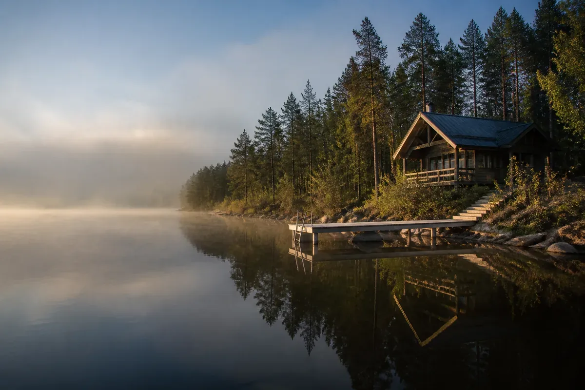 Lac, forêt et chalet nordique en Finlande