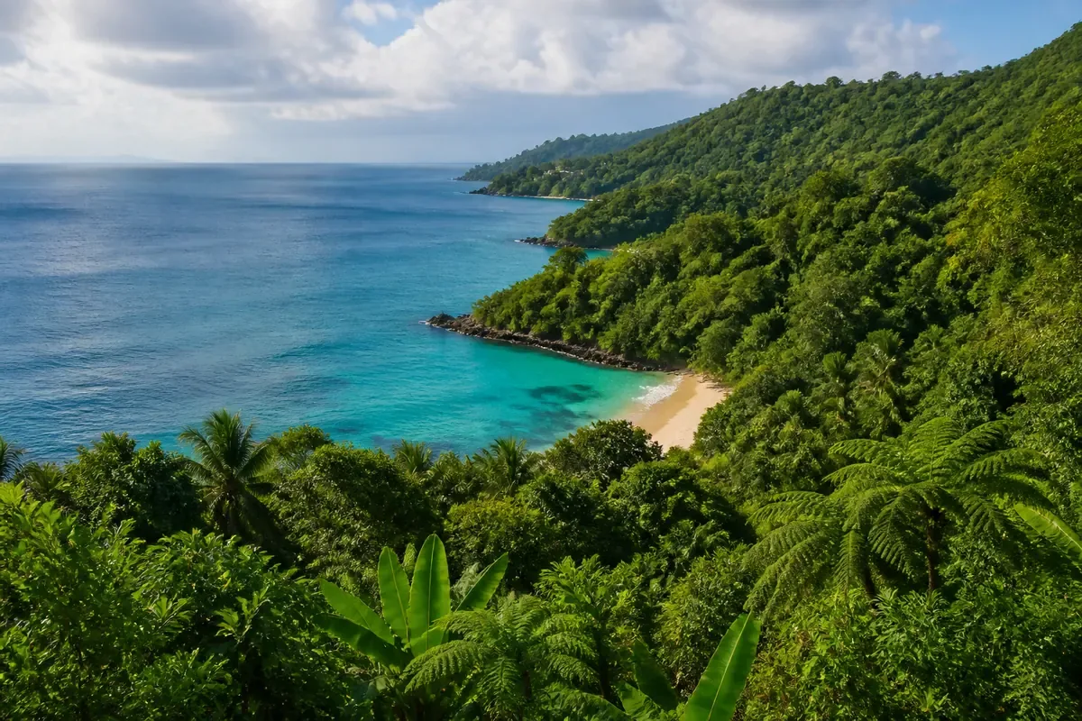 Collines tropicales et crique des Caraïbes en Jamaïque