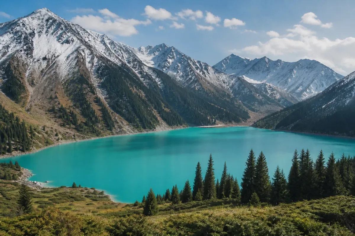 Lac alpin turquoise sous les sommets du Tian Shan au Kazakhstan