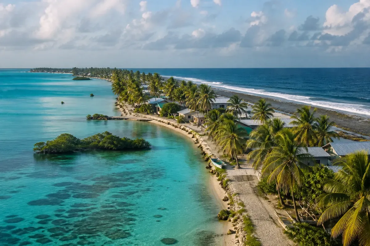 Atoll étroit entre lagon et océan à Kiribati