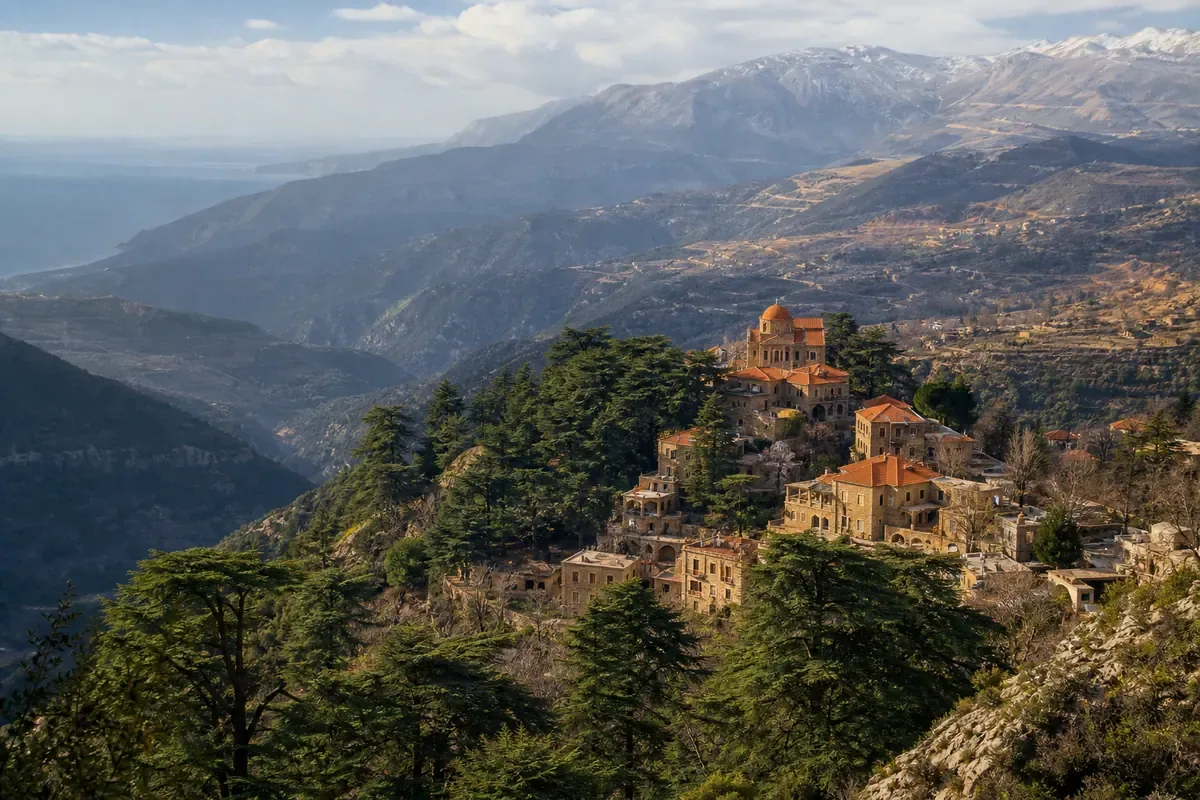Village de pierre et montagnes boisées du Chouf au Liban