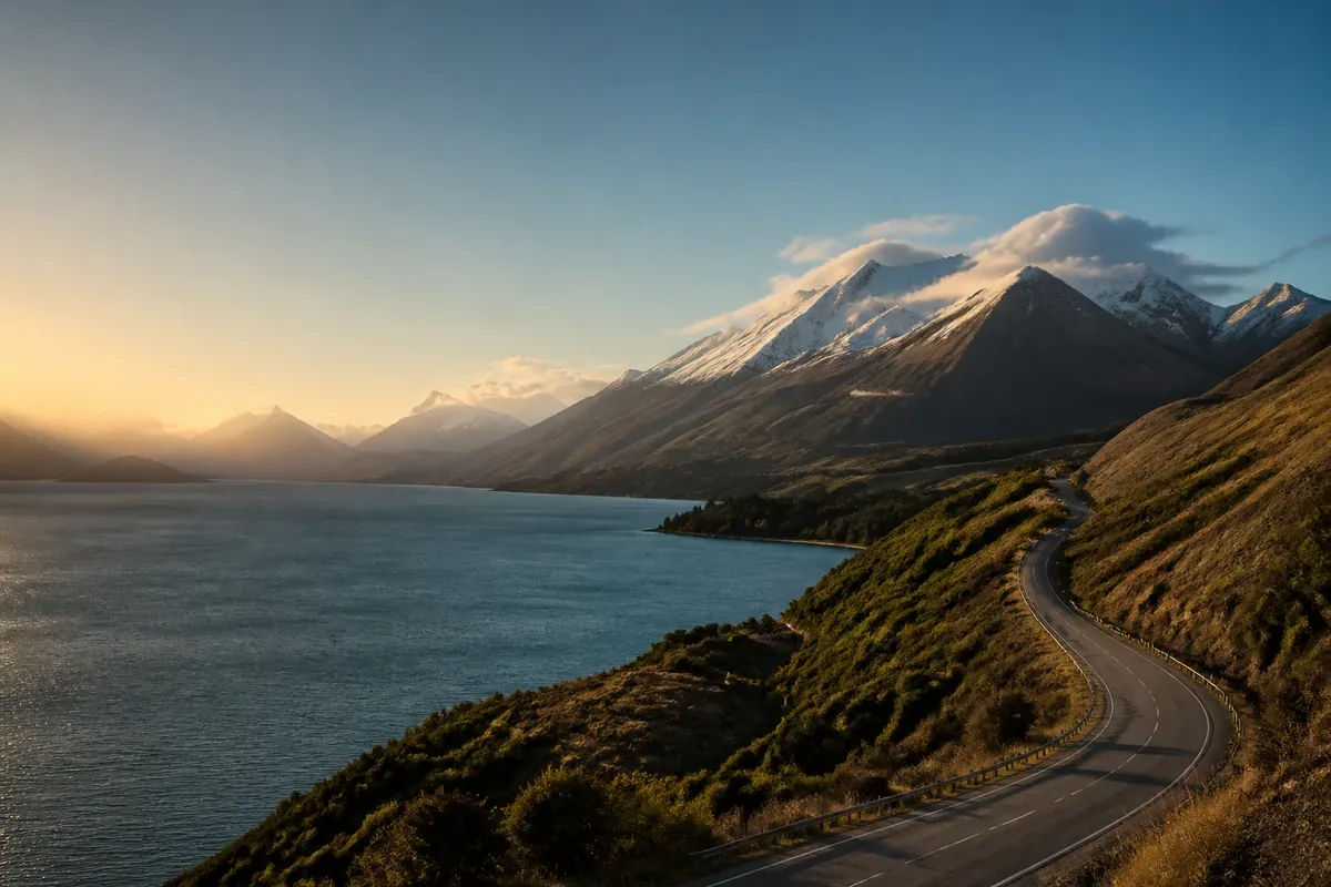 Route panoramique entre montagnes et lac en Nouvelle-Zélande