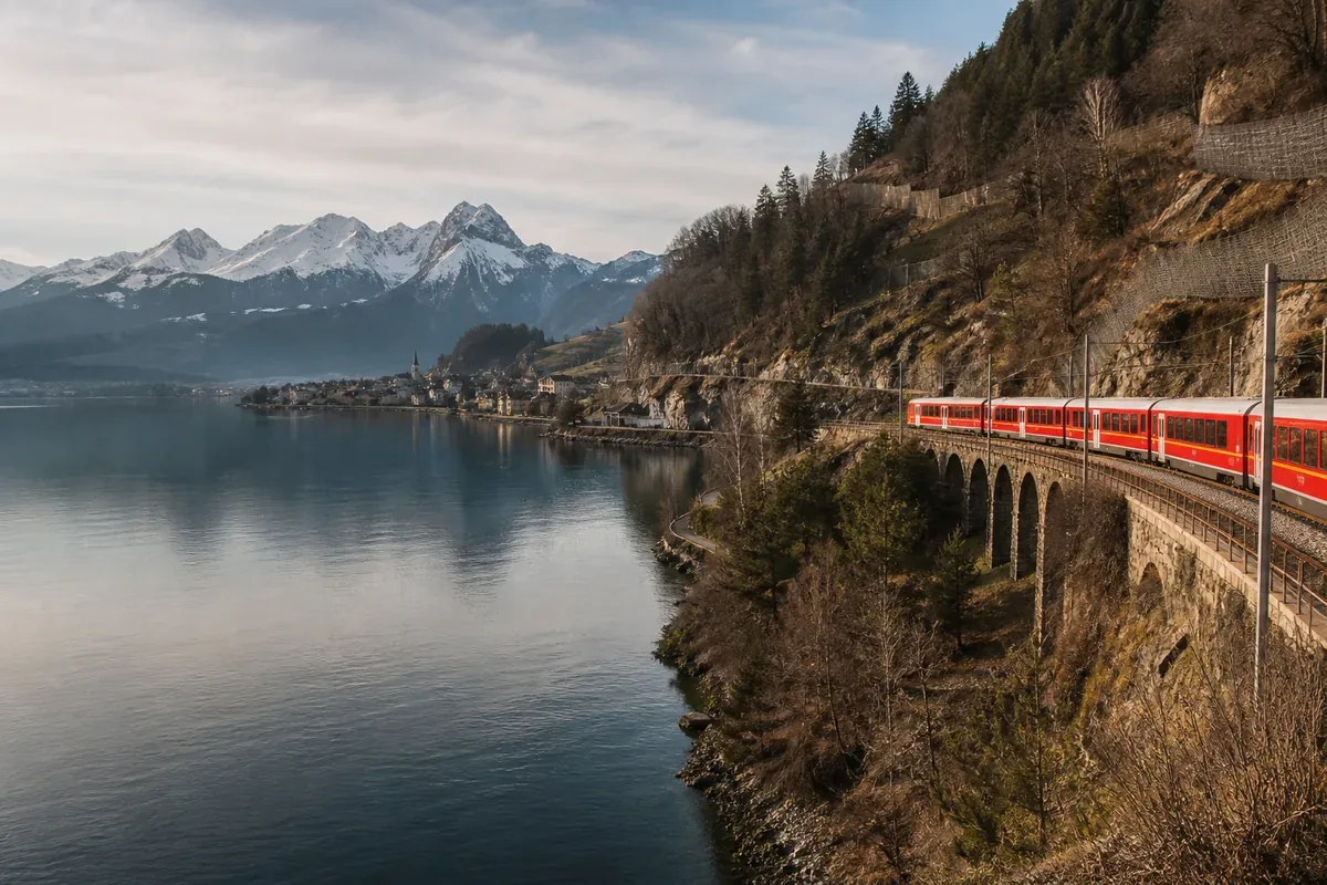 Train et lac entourés de sommets alpins en Suisse