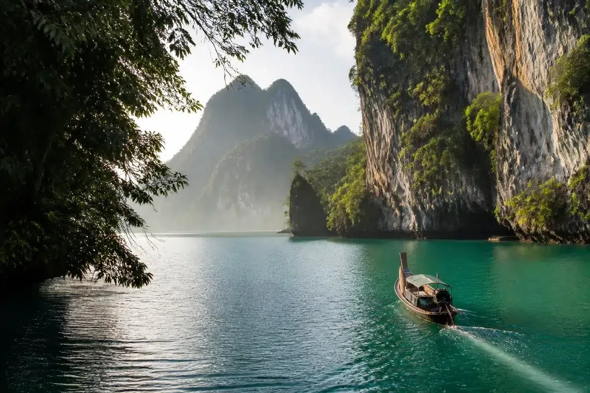 Bateau traditionnel et falaises calcaires dans une baie du sud de la Thaïlande