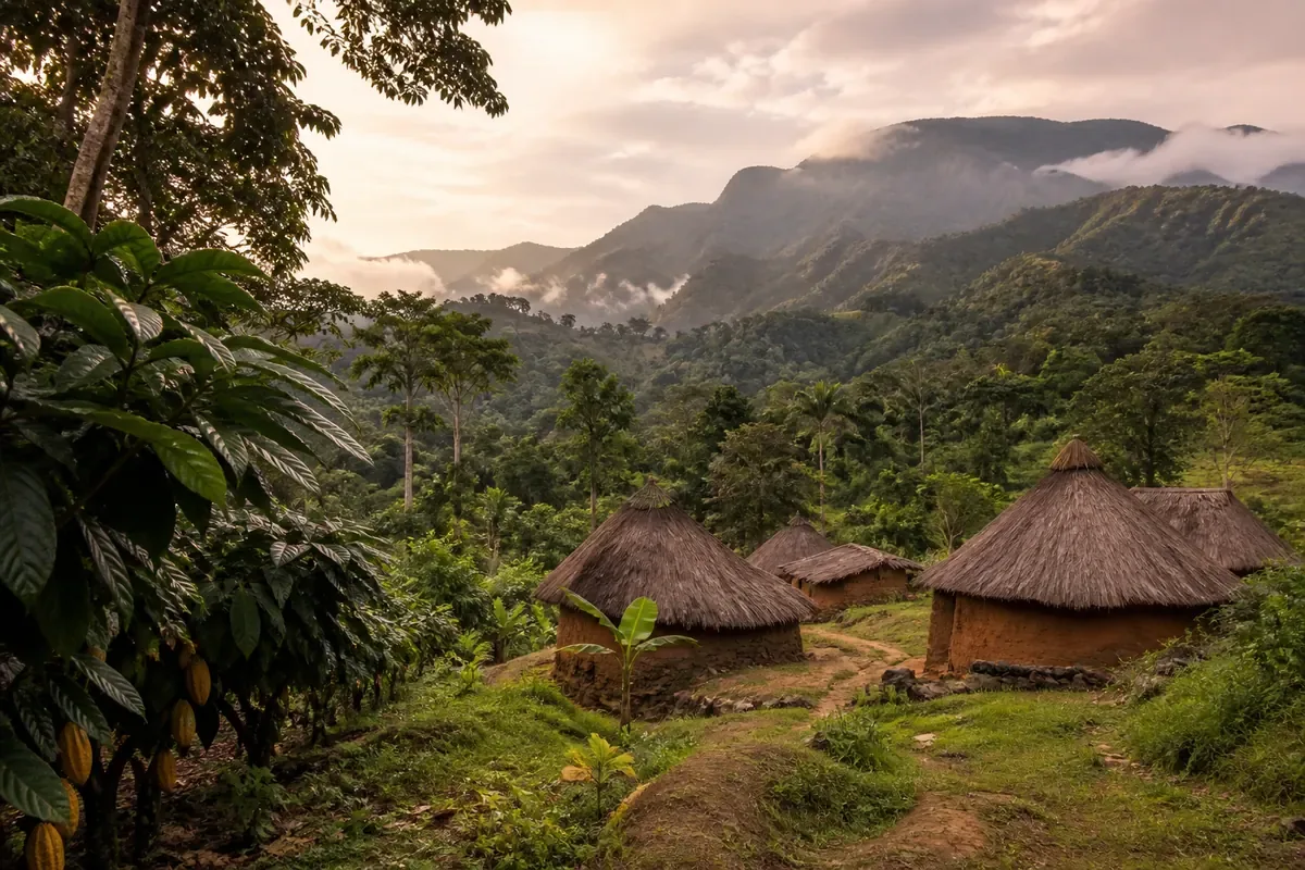 Collines, forêt tropicale et village près de Kpalimé