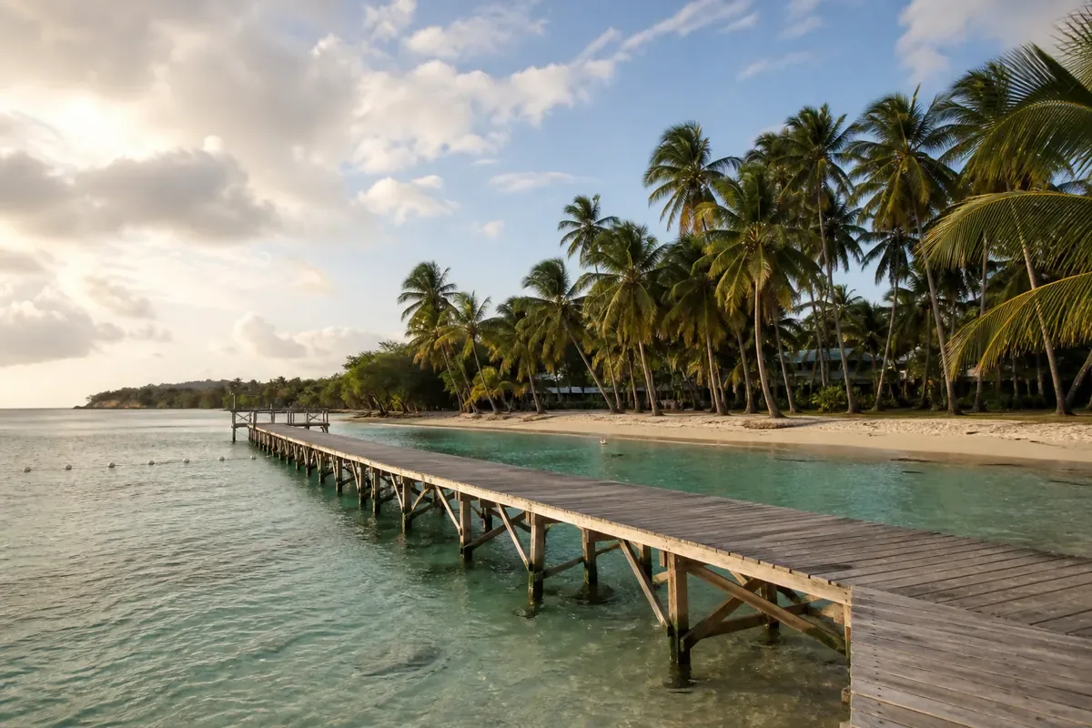 Jetée, cocotiers et mer des Caraïbes à Tobago