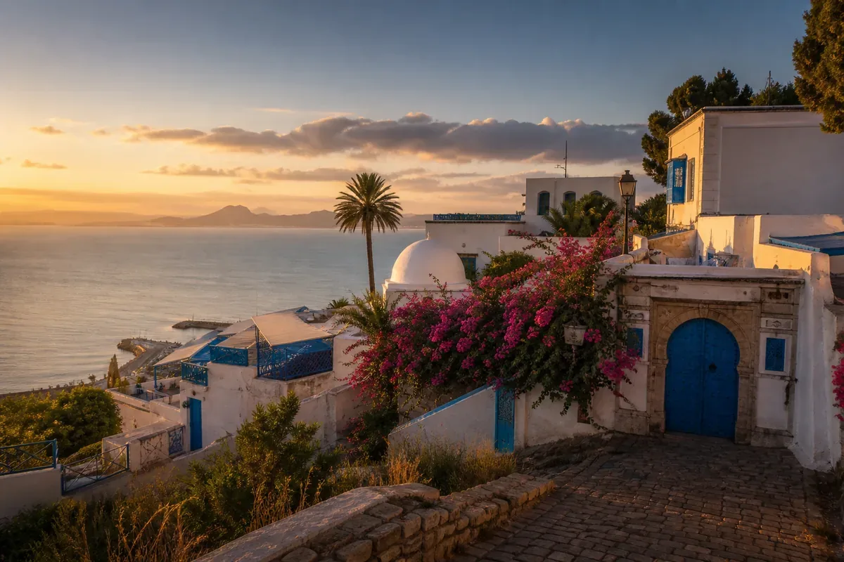 Village blanc et bleu dominant la Méditerranée en Tunisie