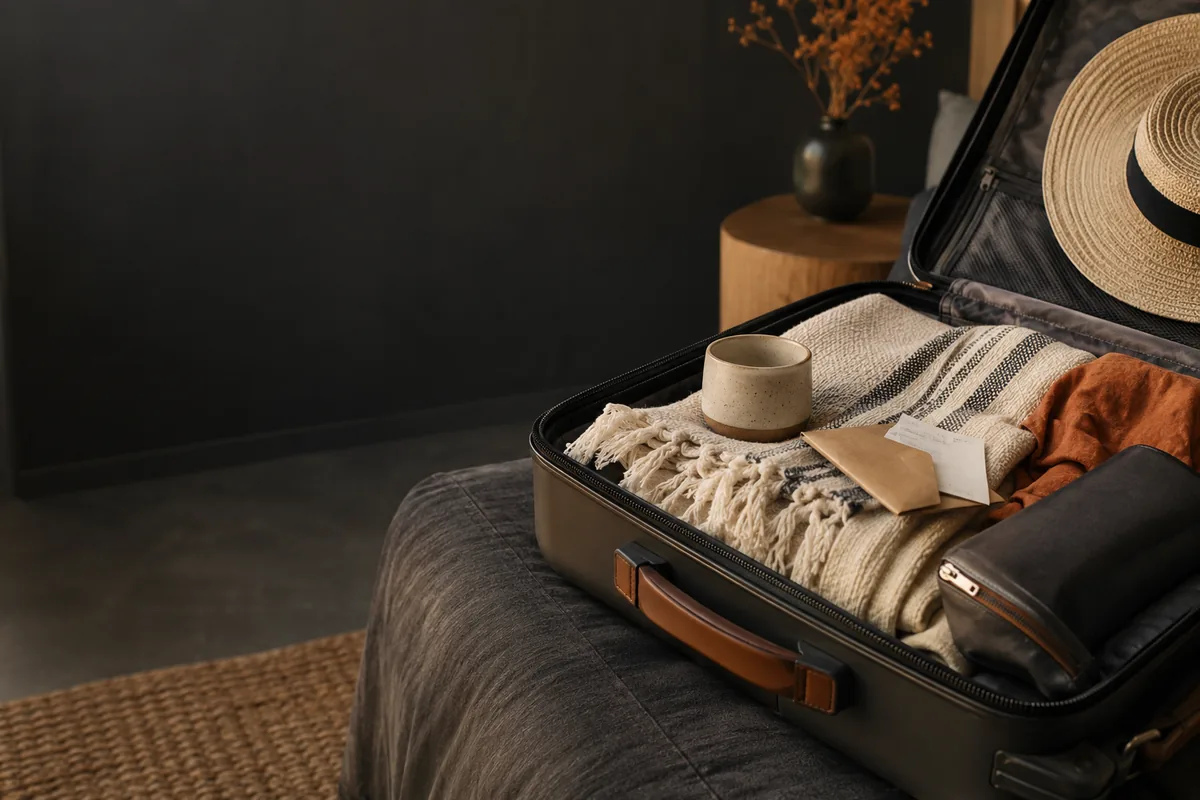 Illustration générée par IA : Souvenirs : une valise avec objets artisanaux et justificatifs d’achat