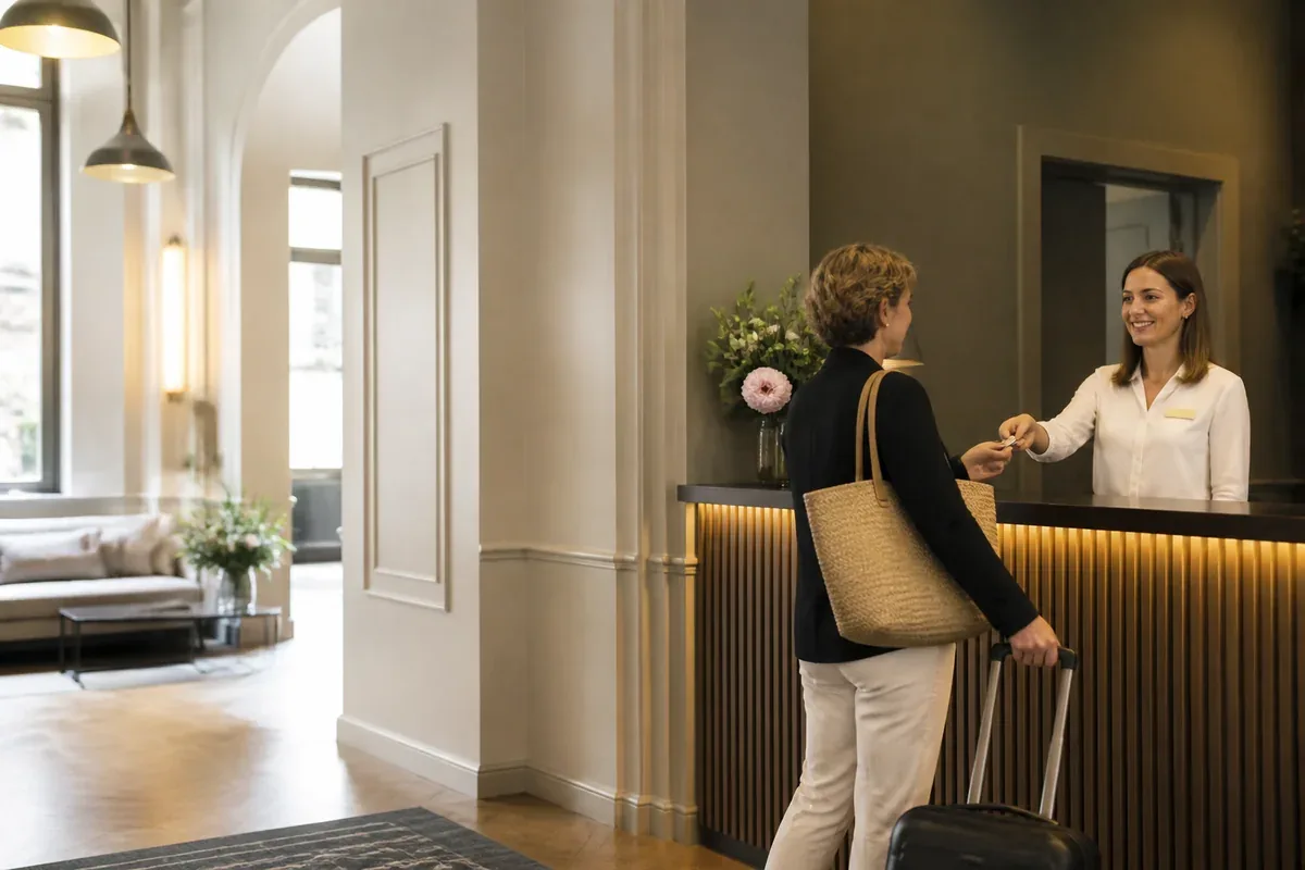 Réceptionniste accueillant un client dans un hôtel