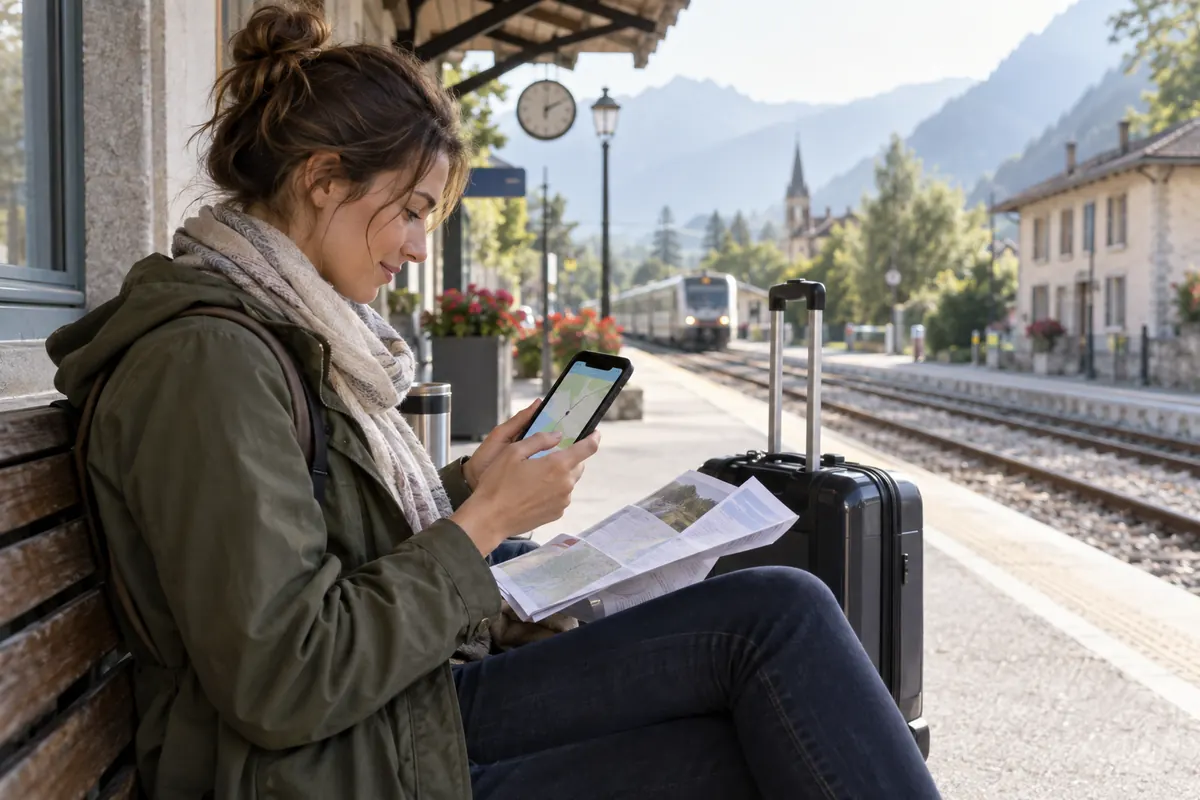 Voyageuse consultant une carte hors ligne en gare