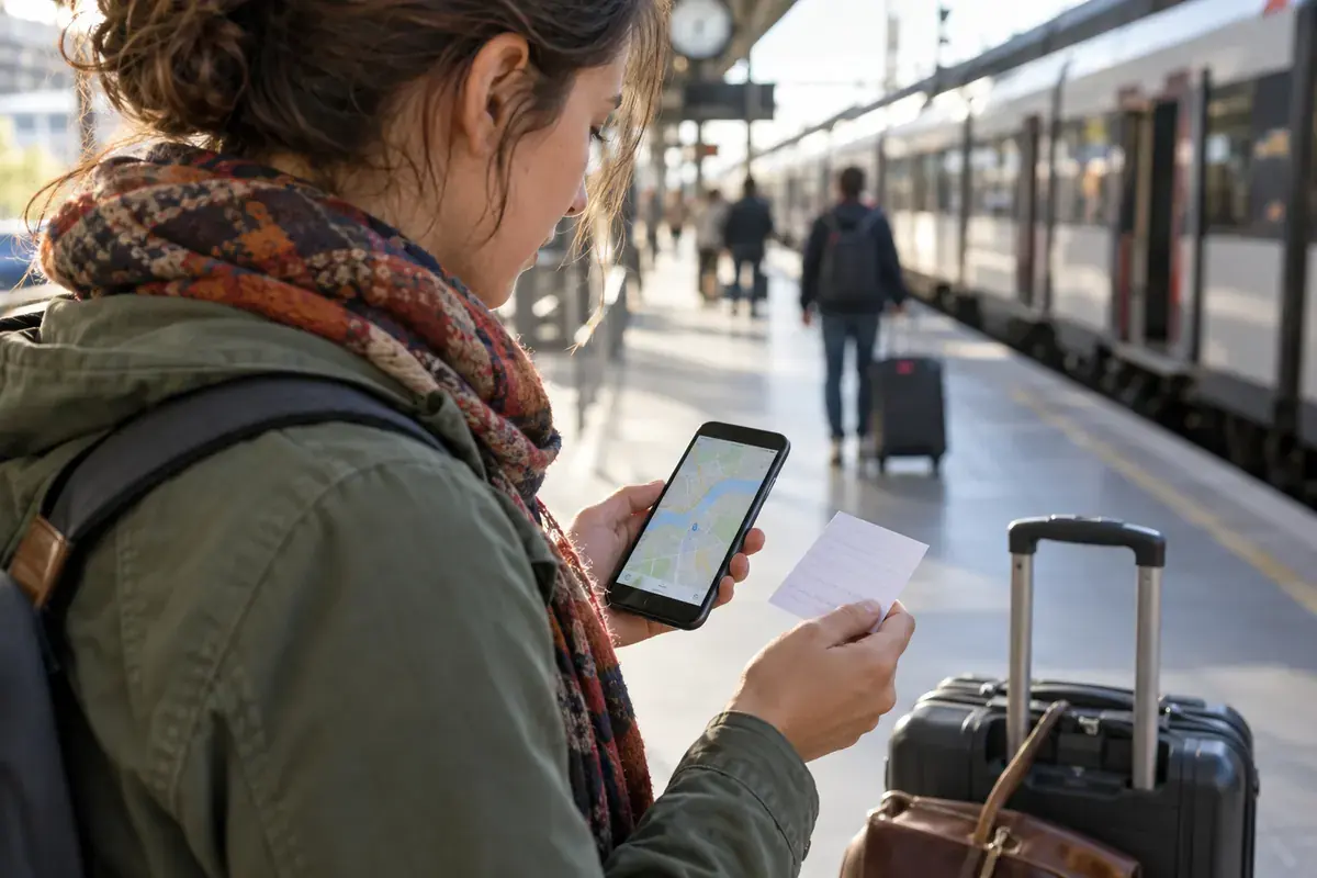 Voyageur consultant une carte hors ligne à la gare