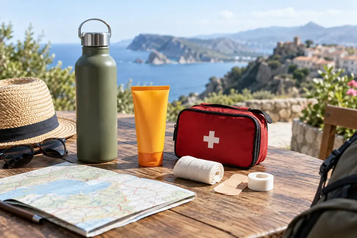 Trousse de santé et accessoires utiles préparés pour un voyage
