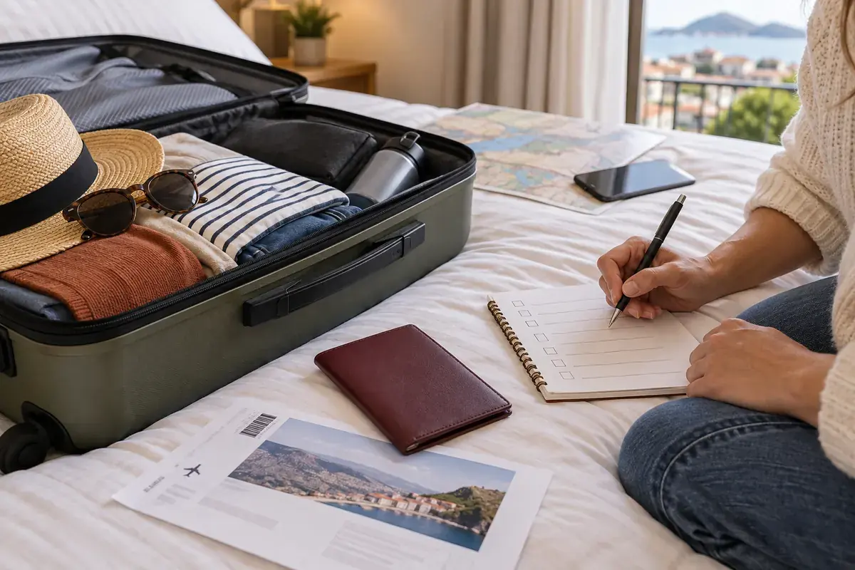 Valise et documents réunis pour les dernières vérifications