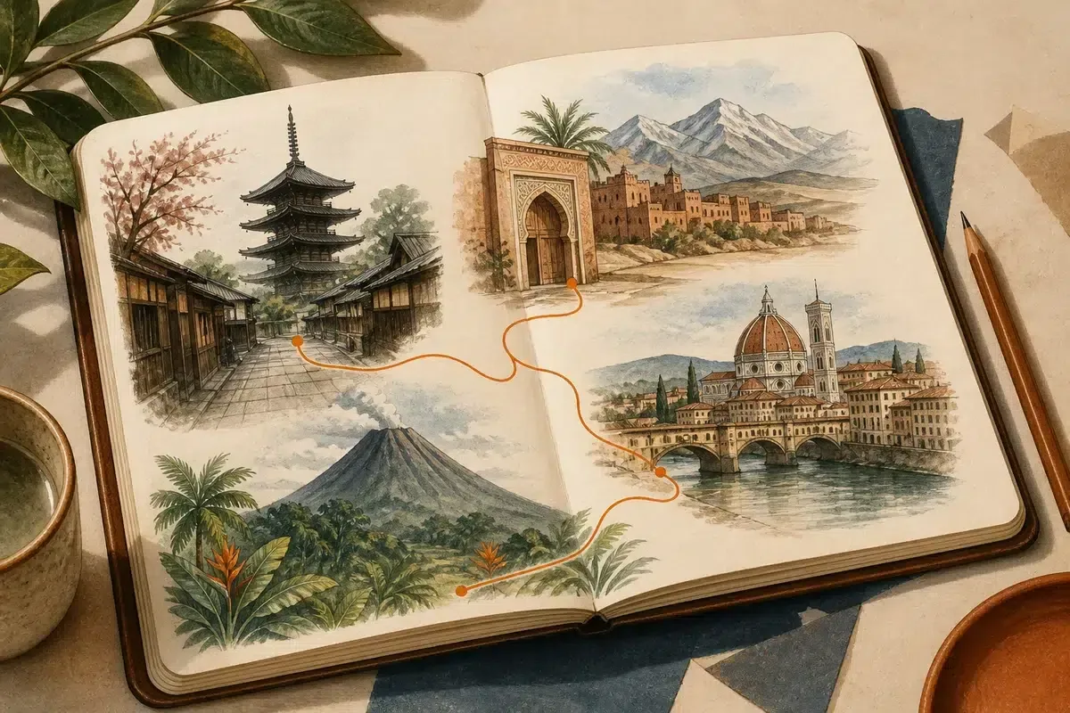 Carnet de voyage illustré reliant le Japon, le Maroc, l’Italie et le Costa Rica