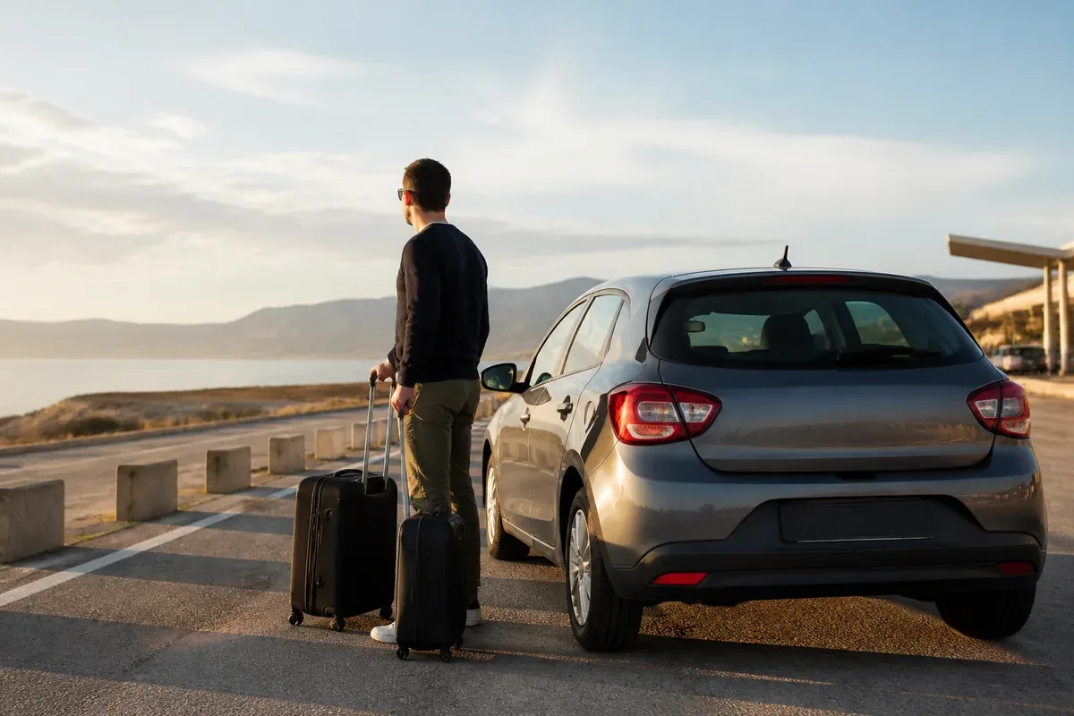 Voyageur près d’une voiture de location à la sortie d’un aéroport