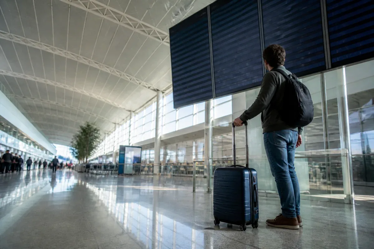 Voyageur avec bagage dans un terminal aéroportuaire lumineux
