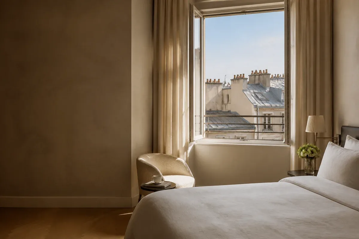 Chambre d’hôtel lumineuse avec vue sur les toits d’une ville européenne