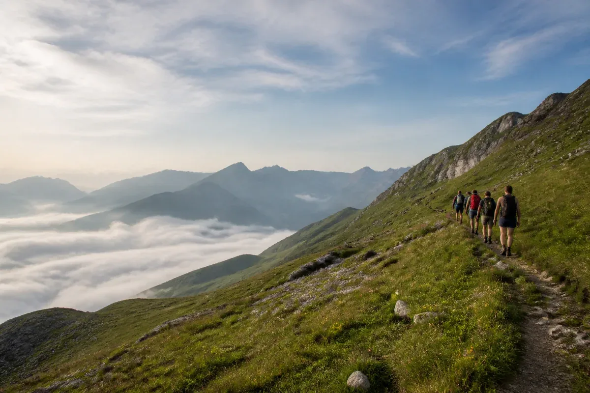 Randonneurs sur un sentier alpin au-dessus d’une vallée brumeuse