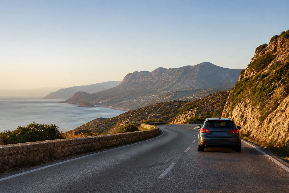 Voiture sur une route panoramique entre mer et montagnes