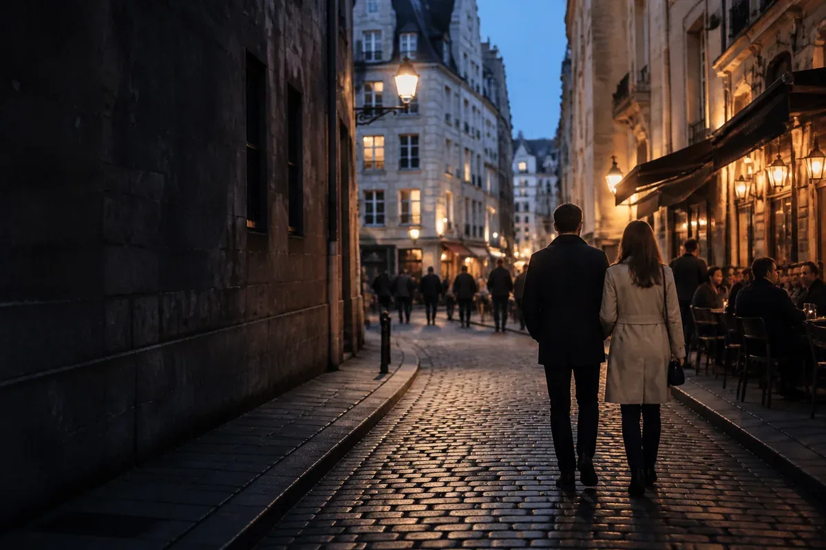 Couple se promenant dans une rue historique européenne à la tombée du jour